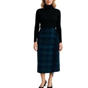 Vintage Talbots Wrap Green and Black Plaid Tartan Wool Pencil Midi Skirt Sz M
